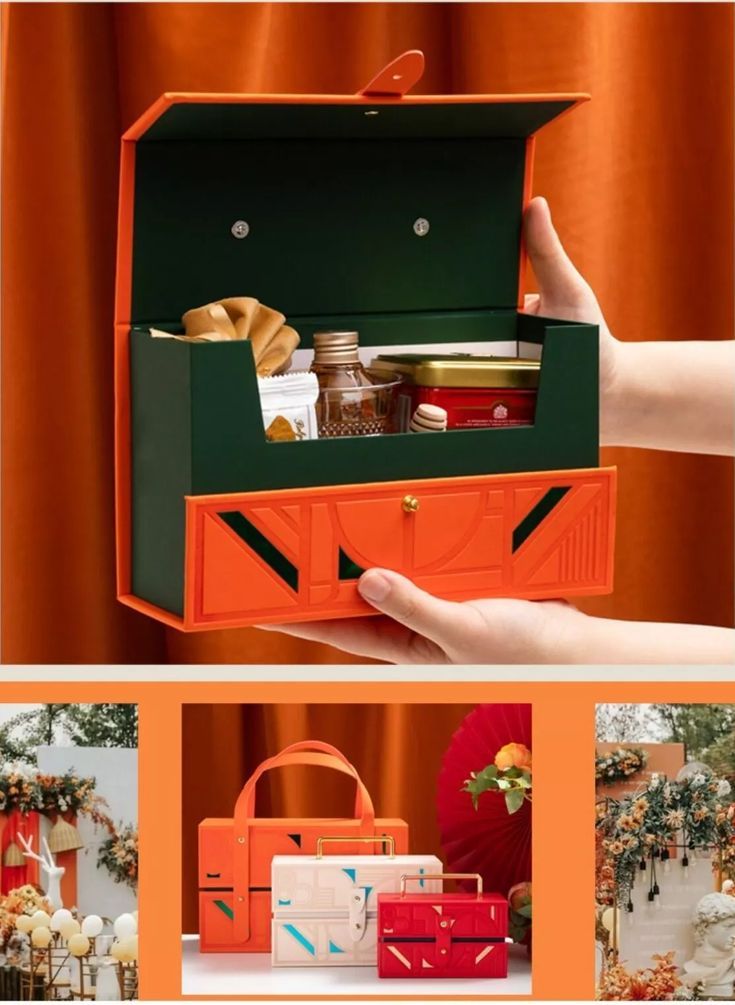 an orange and green box filled with food next to other boxes on a white table