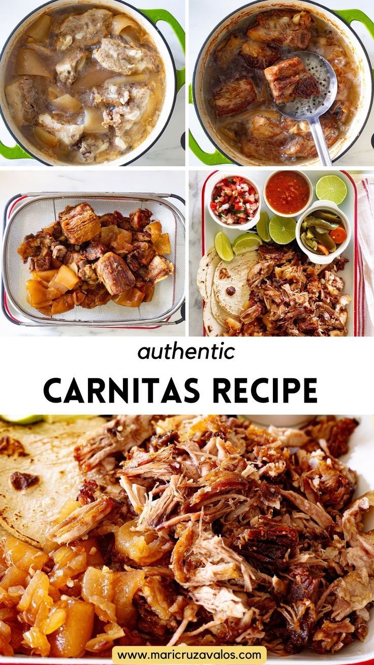 collage of authentic carnitas preparation with text overlay Authentic Mexican Carnitas Recipe, Traditional Carnitas Recipe, Carnitas Authentic, Authentic Carnitas, Authentic Carnitas Recipe, Lard Recipe, Beef Carnitas, Pork Carnitas Recipe, South American Recipes