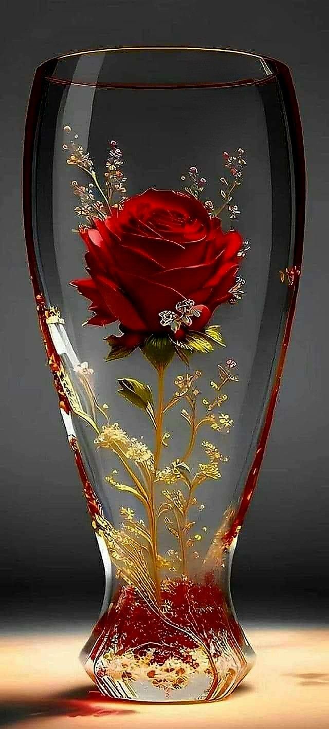 a red rose in a glass vase with water on the bottom and some flowers inside