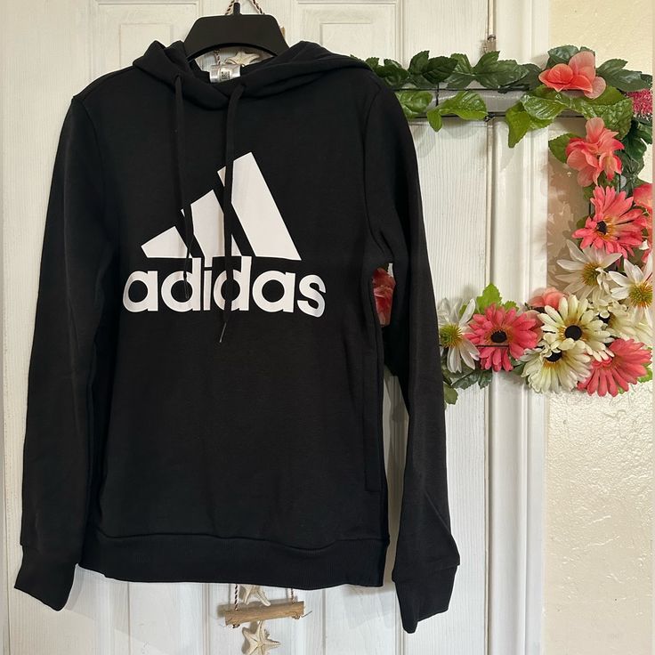 Brand New Adidas Hoodie X-Small. No Pockets. Casual Adidas Logo Fleece Hoodie, Adidas Casual Hoodie For Sports Season, Spring Sports Hoodie With Logo Print, Black Fleece Hoodie For Spring, Adidas Sports Hoodie With Letter Print, Adidas Fleece Sweatshirt For Spring, Black Fleece Tops For Spring, Black Fleece Top For Spring, Adidas Logo Casual Sweatshirt For Spring