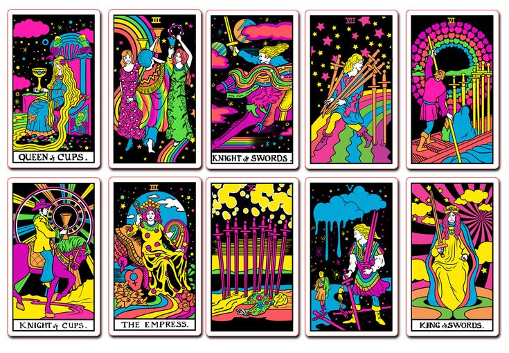 six taroti cards depicting the seven zodiac signs, all in different colors and sizes