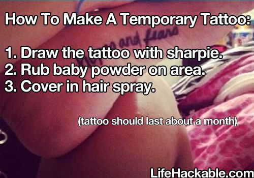 a woman laying on top of a bed next to a pink blanket and text that reads how to make temporary tattoos 1 draw the tattoo with sharpie 2 rub baby powder on area