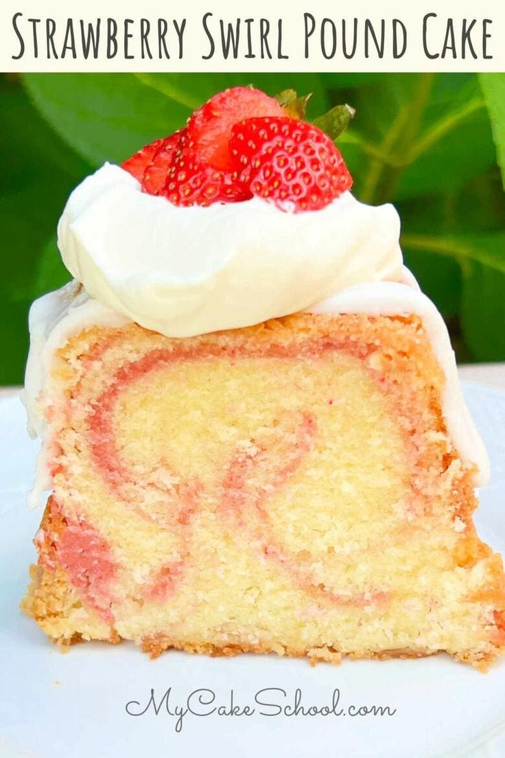 a slice of strawberry swirl pound cake on a plate