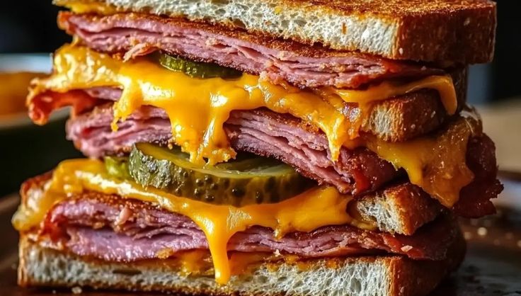 a sandwich with meat, cheese and pickles on it