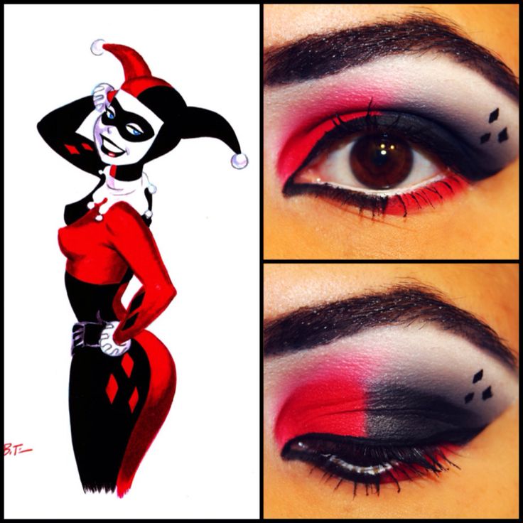 Batman: The Animated Series' Harley Quinn makeup. Old Harley Quinn Makeup, Harley Quinn Makeup Ideas Red Black, Harley Quinn Black And Red Makeup, Red And Black Harley Quinn Makeup, Harley Quinn Eye Makeup, Harley Quinn Old Version, Black And Red Harley Quinn Makeup, Harley Quinn Makeup Red Black, Harley Quinn Face Paint