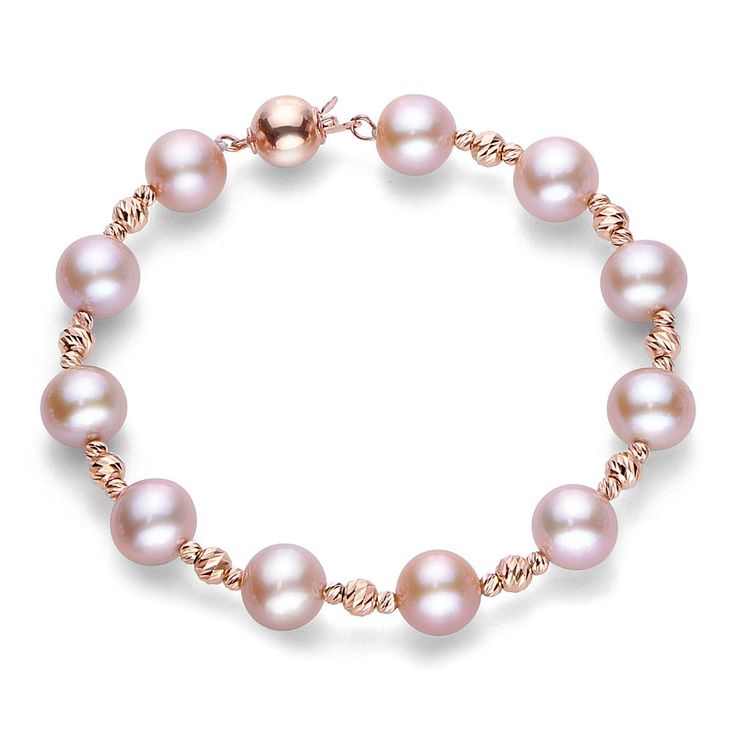 Imperial Pearls 14K Pink Cultured Pearl Brilliance Bead Bracelet Find sweet inspiration for tender finishing touches in this blusher's naturally pink cultured pearls, rosy precious metal and diamond-cut brilliance beads. Approx. 7-1/2"L Stamped 14K; rose gold Bead clasp Stone Information All sizes and weights approximate Pink Cultured Freshwater Pearl: Round (9x10mm) Elegant Pink Beaded Jubilee Bracelet, Elegant Pink Jubilee Beaded Bracelets, Pink Rondelle Elegant Jewelry, Elegant Pink Rondelle Jewelry, Elegant Pink Pearl Bracelet, Formal Rose Gold Beaded Bracelets, Rose Gold Pearl Jubilee Bracelet, Elegant Rose Gold Pearl Bracelet With Round Beads, Pink Elegant Single Strand Beaded Bracelets