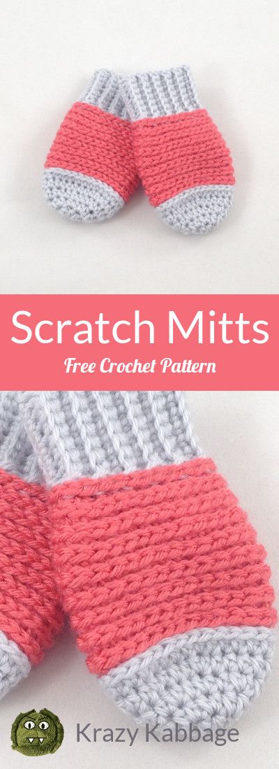 two crochet mitts are shown with text overlay that reads, scratch mitts free crochet pattern