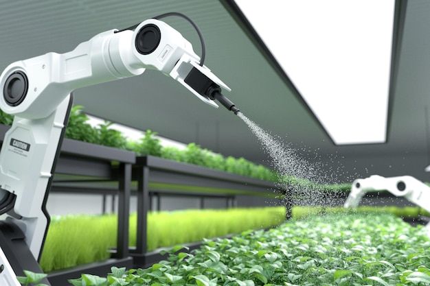 a robot sprays water on lettuce in a greenhouse