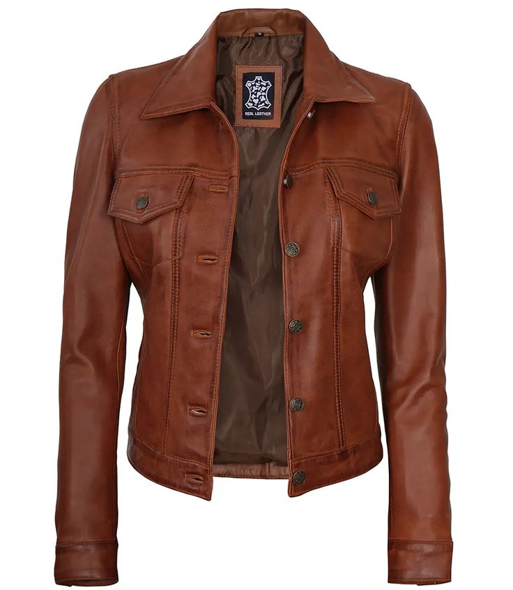 Brown Cognac Leather Trucker Jacket For Women
Introducing our Brown Cognac Trucker Leather Jacket for Women, a timeless and versatile piece crafted from 100% real lambskin leather, this jacket showcases a classic trucker silhouette with a contemporary twist. The warm brown hue adds depth and character, while the button-front closure and chest pockets provide functionality. Elevate your style and embrace a refined yet edgy look with this impeccably crafted leather jacket that effortlessly combines comfort and fashion-forward design. Classic Brown Biker Jacket, Fitted Biker Jacket With Flap Pockets For Fall, Brown Biker Jacket With Flap Pockets For Fall, Fitted Cognac Outerwear For Fall, Classic Vintage Brown Leather Biker Jacket, Classic Distressed Brown Leather Outerwear, Classic Brown Leather Jacket For Winter, Brown Leather Jacket With Lapel Collar For Winter, Classic Distressed Brown Biker Jacket For Fall