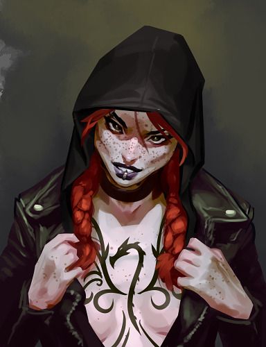 a drawing of a woman with red hair and makeup wearing a black hoodie, holding her hands on her chest