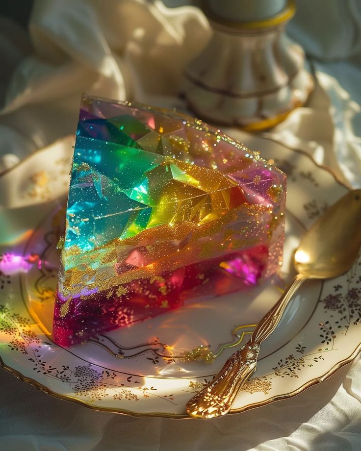 a piece of cake sitting on top of a white plate next to a gold spoon