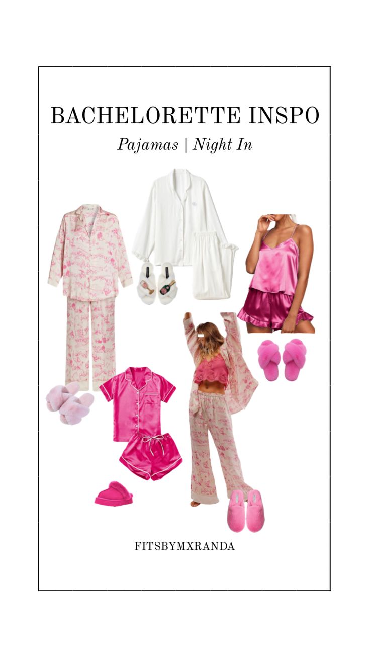 the back cover of bachelor night in pink and white pajamas with matching shoes, slippers,