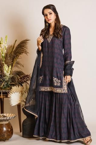 Shop for Maliha by Anar and Anoli Blue Cotton Silk Floral Print Kurta And Sharara Set for Women Online at Aza Fashions Scallop Dupatta, Sharara Suit Designs, Kurta And Sharara Set, Printed Sharara, Kurta And Sharara, Dori Embroidery, Sharara Designs, Sharara Pants, Scallop Border