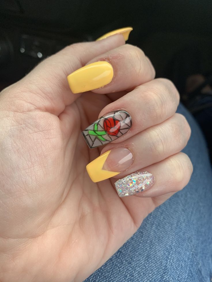 Rose Nails Acrylic Art Designs, Beauty And Beast Nail Ideas, Beauty And The Best Nail Designs, Beauty Beast Nails, Beauty And The Beast Rose Nails, Beauty And The Beast Quinceanera Nails, Disney Nails Beauty And The Beast, Disney Princess Acrylic Nails, Beauty And The Beast Themed Nails