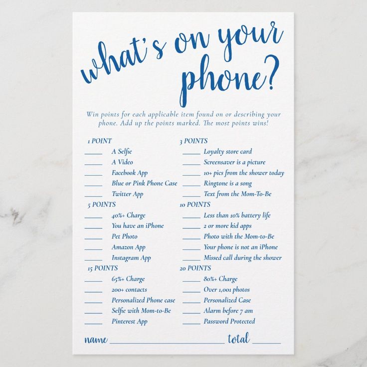 what's on your phone? game card with the words, which are written in blue