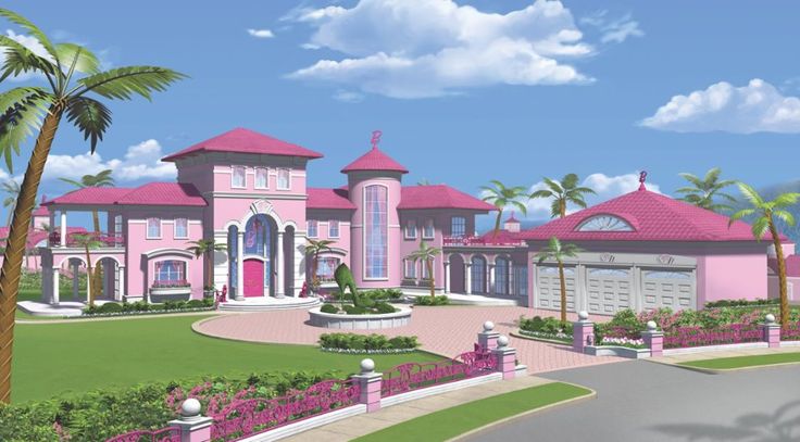 an artist's rendering of a pink house with palm trees