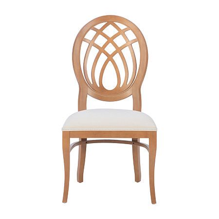 a wooden chair with a white seat cushion