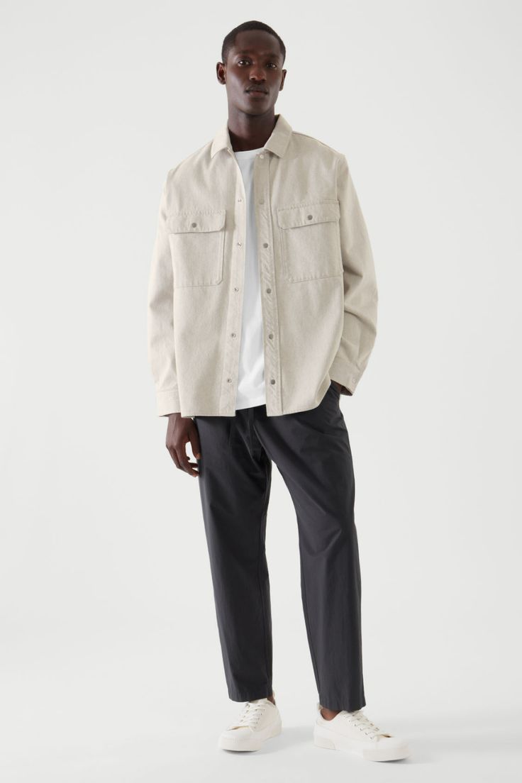 RELAXED-FIT DENIM OVERSHIRT - Off-white - Shirts - COS PT Denim Overshirt, Summer Trousers, Male Magazine, Workwear Jacket, Men Fashion Casual Outfits, Coach Jacket, Baseball Jacket, White Shirts, Mens Trousers