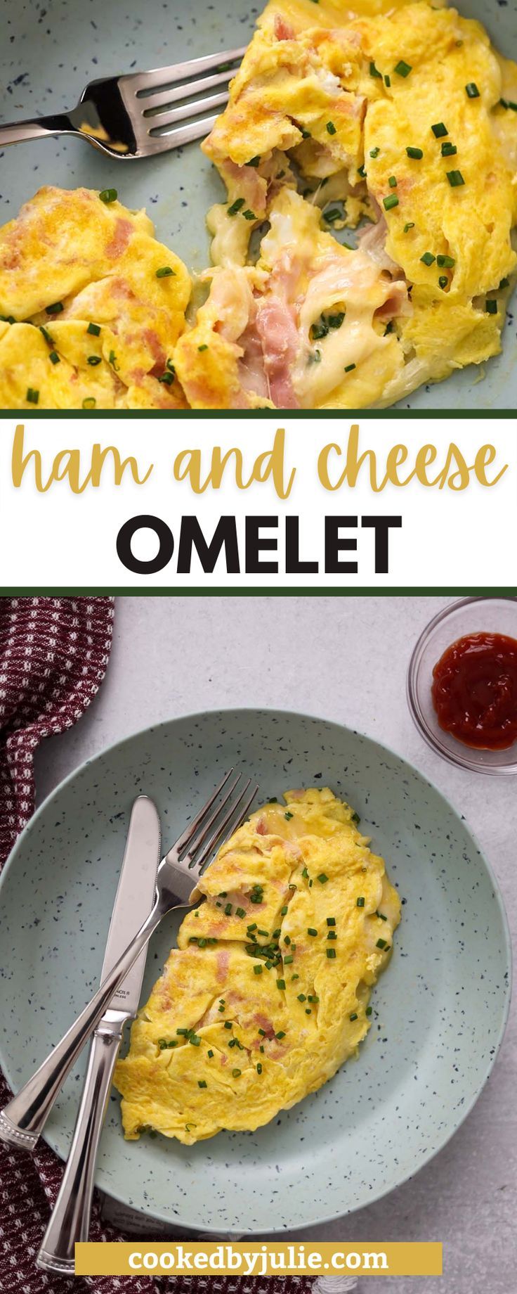 ham and cheese omelet on a blue plate with silverware next to it