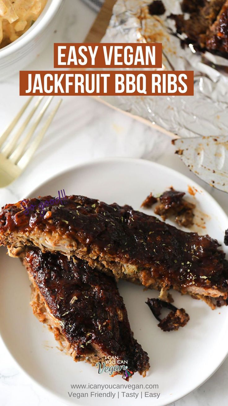 easy vegan jackfruit bbq ribs on a white plate