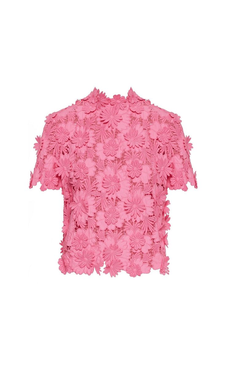 FLORAL LACE SHORT-SLEEVE BLOUSE SET IN PINK Chic Formal Tops With Floral Embroidery, Pink Feminine Lace Top, Feminine Pink Lace Top, Elegant Pink Lace Blouse, Elegant Pink Lace Top Blouse, Chic Fitted Pink Lace Top, Chic Pink Fitted Lace Top, Elegant Pink Lace Top, Elegant Fitted Pink Lace Top