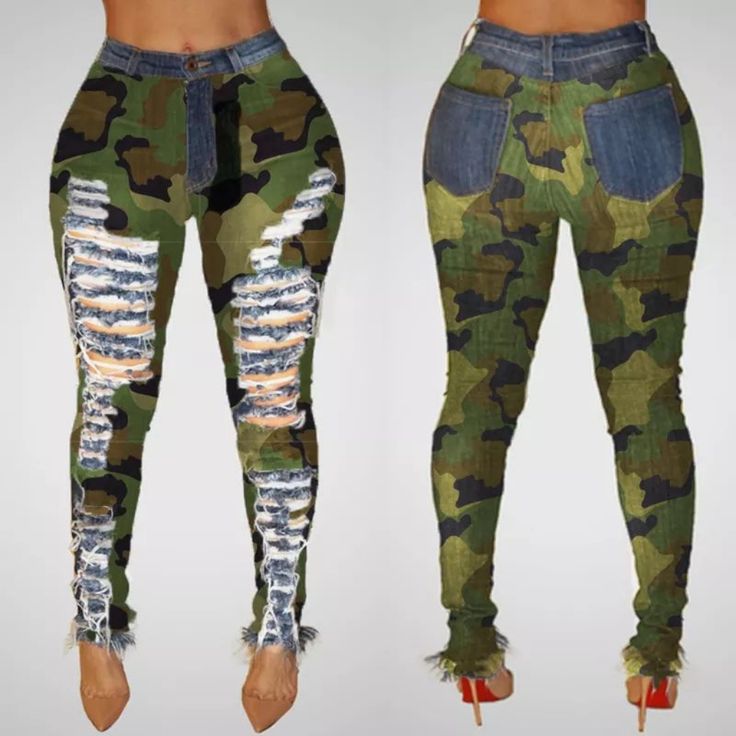 Destroyed Look Casual Ripped Camouflage Bottoms, Camouflage Denim Jeans For Fall, Fall Camouflage Denim Jeans, Spring Camouflage Denim Jeans, Camouflage Cotton Jeans For Fall, Green Bottoms With Frayed Hem For Fall, Camouflage Straight Leg Jeans For Spring, Spring Camouflage Straight Leg Jeans, Fall Camouflage Cargo Jeans