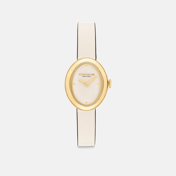 Designed with a modern minimalist sensibility the Sammy is a refined timepiece perfect for everyday. Finished with a leather strap this gold tone watch features a lacquer dial detailed with polished gold tone markers. | Coach Sammy Watch, 22 Mm - Women's - Chalk Chic Gold Watch With Rectangular Dial, Chic Gold Watches For Work, Chic Gold Everyday Watch, Chic Everyday Gold Watches, Chic Formal Watches With Round Dial, Minimalist Formal Watch With Round Dial, Chic Formal Watch With Metal Dial, Chic Formal Watches With Metal Dial, Minimalist Formal Watch