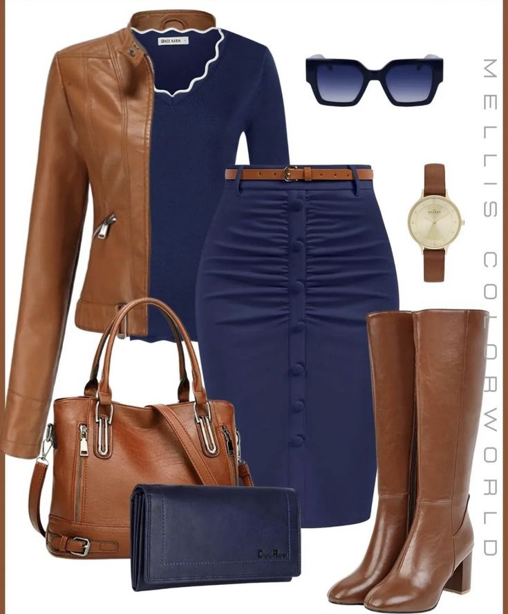 Mode Over 50, Brown And Blue, Classy Work Outfits, Stylish Work Outfits, Looks Chic, Blue Skirt, Professional Outfits, Fall Fashion Outfits, Business Casual Outfits