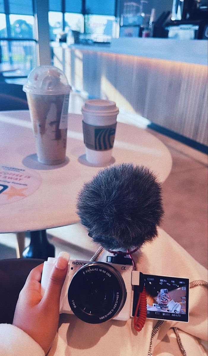 a person holding a camera with a microphone on top of it next to a table