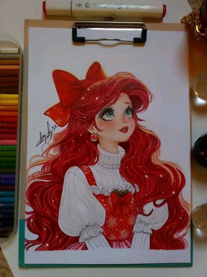 a drawing of a girl with long red hair wearing a bow and holding a strawberry