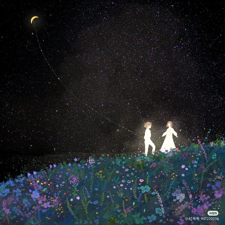 two people walking across a field at night with the moon in the sky above them