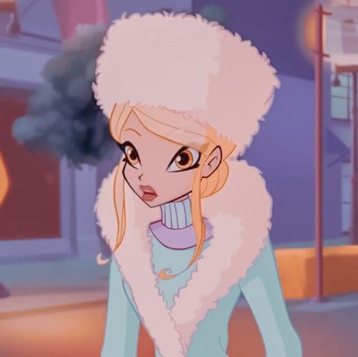 an animated image of a woman with blonde hair wearing a blue coat and white fur