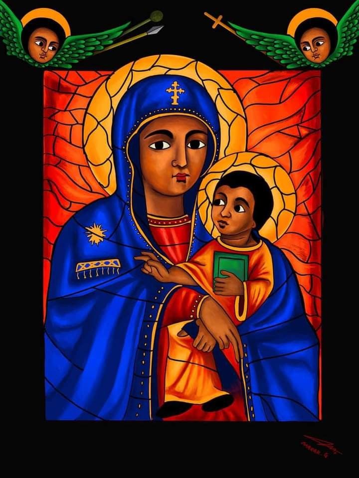 an image of the virgin mary and child jesus