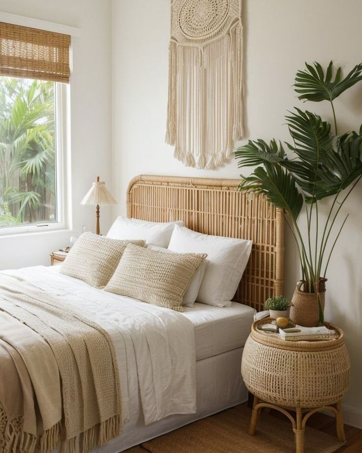 a bed with white sheets and pillows next to a potted plant in front of a window