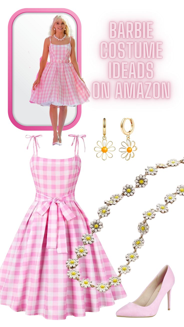 the barbie doll is dressed in pink and white checkered dress with matching necklaces