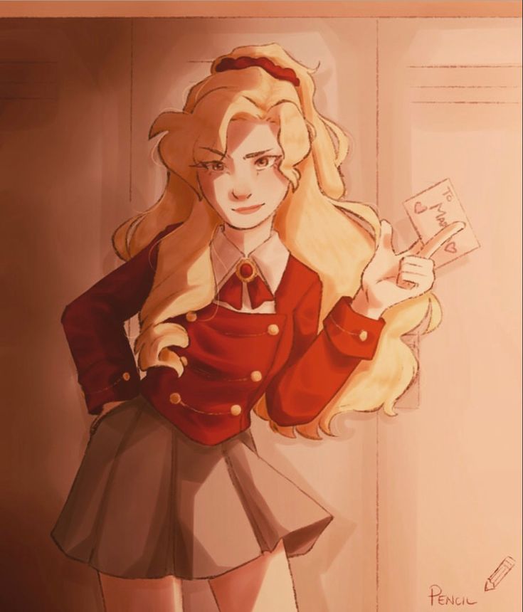 a drawing of a woman in a red jacket and skirt holding a piece of paper