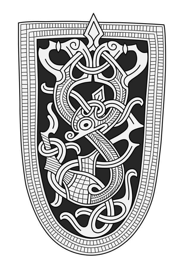 a black and white drawing of a shield with an intricate design on the front side