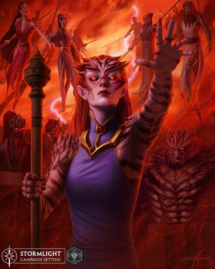 a painting of a woman holding a staff in front of an evil demon and other demonic creatures