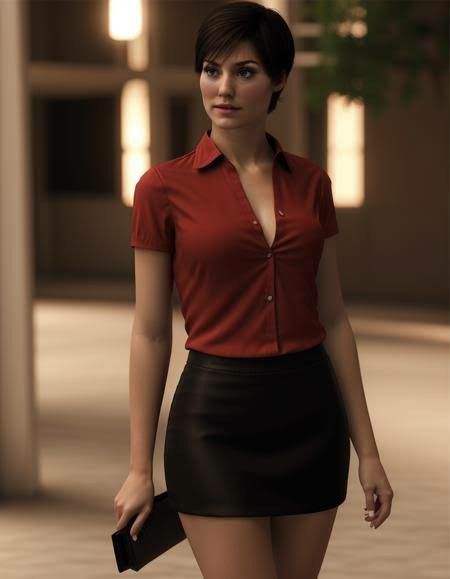 a woman in a short skirt and red shirt