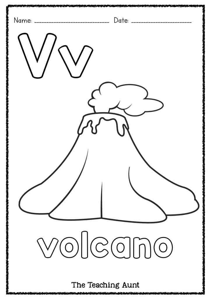 the letter v is for volcano coloring page with an image of a volcano on it