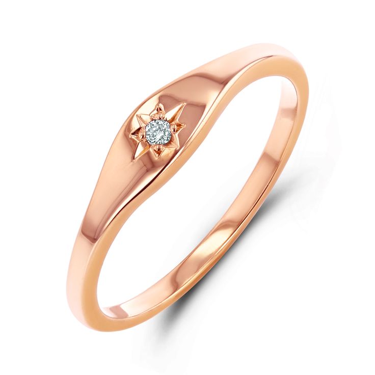 The Mini Starburst Signet Ring is perfect for stacking, pinkies or someone's very special first golden ring. Rose Gold Signet Ring With Single Diamond For Promise, Elegant Diamond Star-shaped Signet Ring, Elegant Star-shaped Diamond Signet Ring, Elegant Diamond Star Signet Ring, Elegant Star Shaped Ring With Single Diamond, Rose Gold Diamond Signet Ring With Single Diamond, Star-shaped Signet Ring For Promise - Fine Jewelry, Star Shaped Fine Jewelry Signet Ring For Promise, Fine Jewelry Star-shaped Ring With Single Diamond