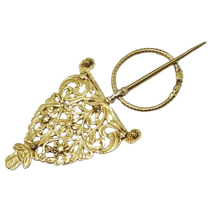 a gold brooch with an intricate design on the front and back of it's ear