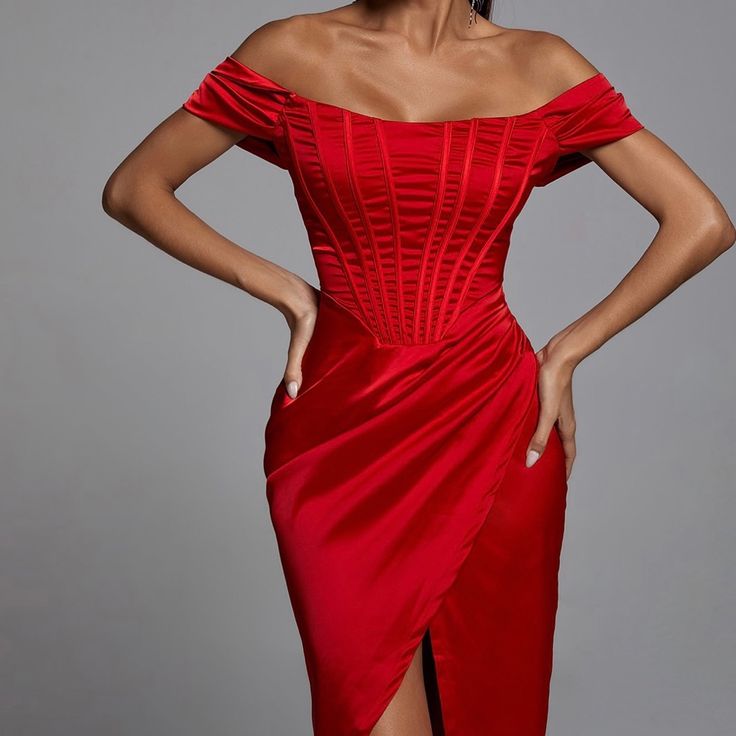 Colette Off Shoulder Stain Dress Brand New With-The Tag Red Ruched Satin Evening Dress, Red Satin Formal Mini Dress, Elegant Red Midi Dress With Ruched Bodice, Red Fitted Midi Dress For Prom, Red Satin Midi Dress For Formal Occasions, Fitted Satin Midi Dress For Banquet, Red Cocktail Evening Dress With Ruched Bodice, Red Midi Dress With Sweetheart Neckline For Formal Occasions, Red Evening Midi Dress With Ruched Bodice