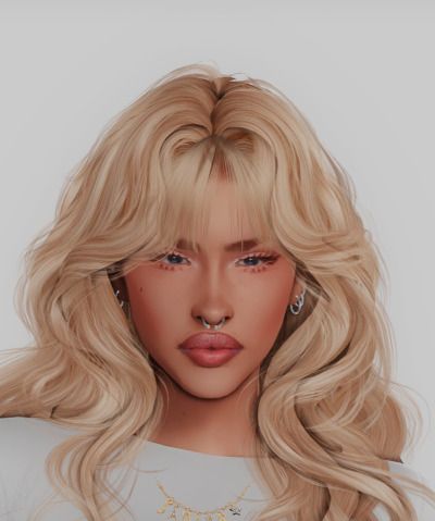 a digital rendering of a blonde woman's face with long, wavy hair and piercings