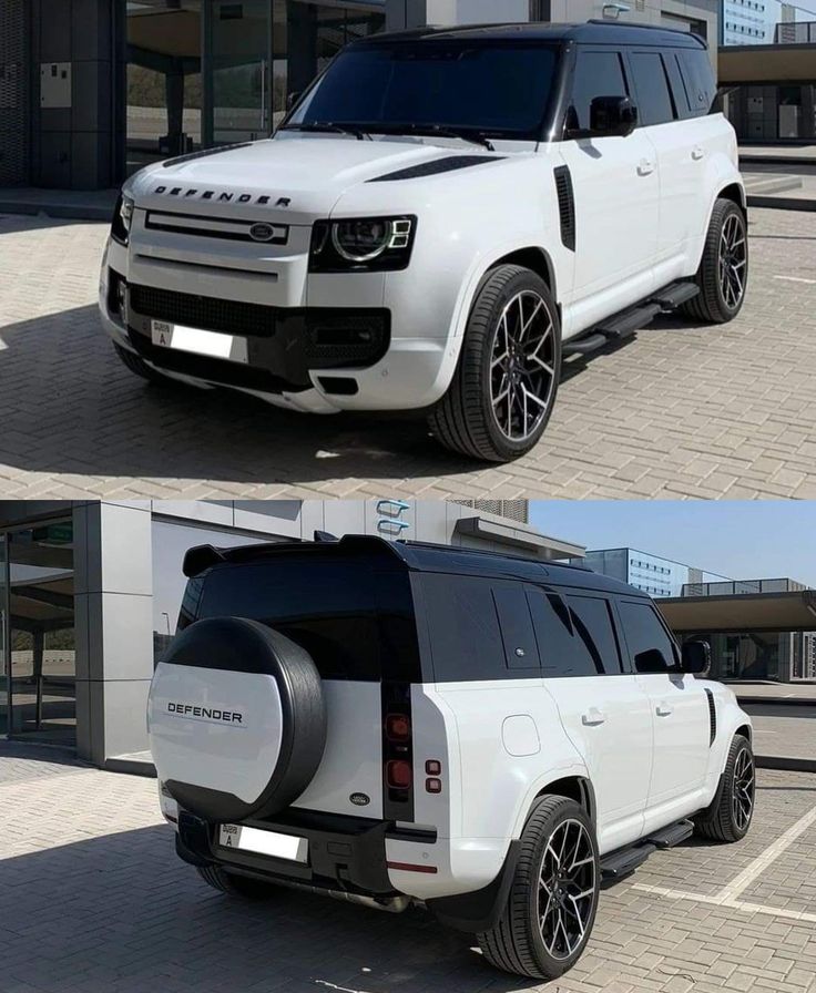 two pictures of the front and side view of a white suv