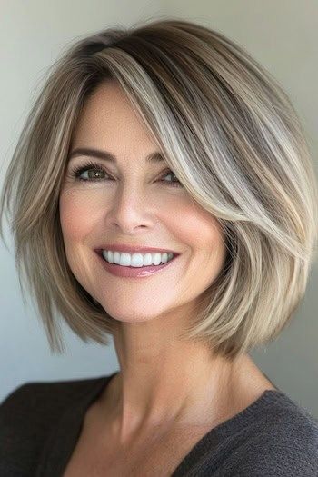 Save this pin for the best layered bob haircuts. For women who want a stylish and flattering haircut with lots of volume, this layered bob with side-swept bangs is a wonderful choice. The side-swept bangs blend beautifully with the layers, creating a harmonious, cohesive look. Bob With Swept Bangs, Blonde Bob With Long Bangs, Short Layered Bob Haircuts Older Women, Medium Bob Hairstyles For Thick Hair Side Bangs Long Layered, Medium Haircut Side Part, Volumous Bob Hairstyles, Layered Bob With Side Swept Bangs, Short Layered Bob With Side Swept Bangs, Short Hair With Side Swept Bangs