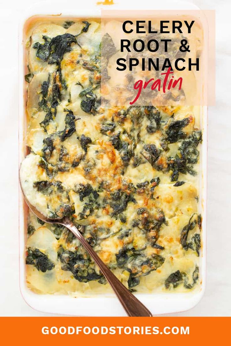 a casserole dish filled with spinach and cheese