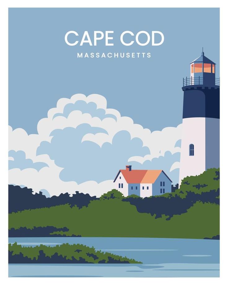 cape cod massachusetts with Lighthouse poster illustration. vector with minimalist style for postcard, art print, background. Maine Poster Vintage Travel, Cape Cod Vintage Poster, Cape Cod Prints, Cape Cod Art, Cape Cod Poster, Post Card Art, Massachusetts Poster, Lighthouse Pattern, Lighthouse Poster