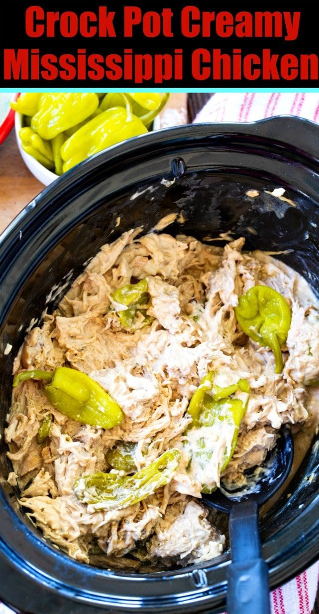 crock pot creamy mississippi chicken is in the crock pot and ready to be cooked