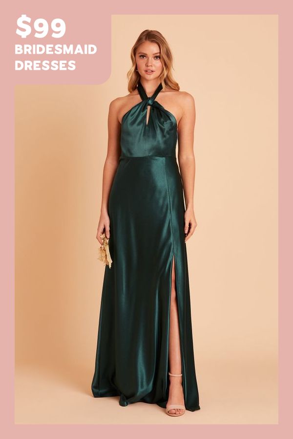 a woman in a green dress with the words $ 99 bridesmaid dresses on it